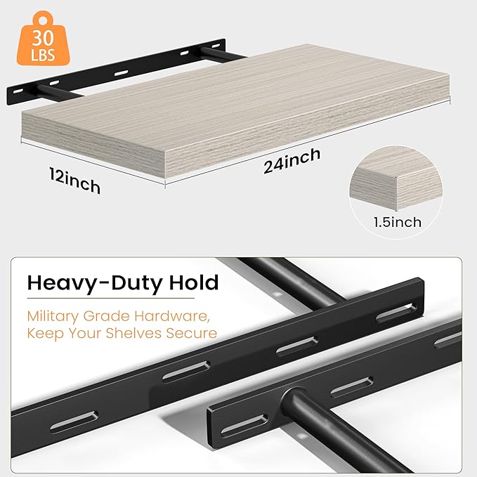 Floating Shelves for Wall, 24 Inch Floating Shelves Set of 2, Wall Mounted Rustic Wood Shelf for Bathroom, Living Room, Bedroom and Kitchen, Hanging Shelf for Storage, Books, Home Decor, Gray