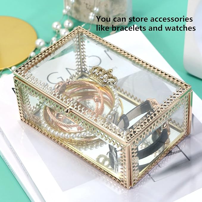 NAJMECHOY Glass Jewelry Box, Mirror Bottom with Crown Lid, Box for Makeup, Lipstick Ring Earrings, Storage Box, Gold Glass Box Ring, Bracelet Display Transparent Box (Rectangle)
