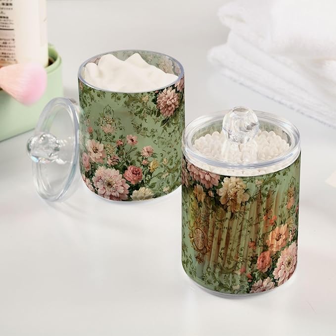 2 Pack Apothecary Jars Sweet Floral Green Background Bathroom Vanity Storage Organizer Set,Small Clear Plastic Storage Jars Bathroom Canister for Cotton Swabs, Rounds, Balls, Qtips,Makeup Spong