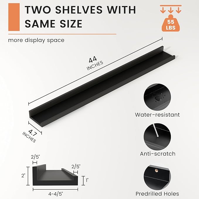 FLYJOE Picture Ledge Shelf, Floating Shelves Set of 2, 44 Inches Nursery Book Shelves for Toys Storage, Kids Bookshelf Wall Mounted for Living Room Bedroom Decor Books Photo Frames, Black