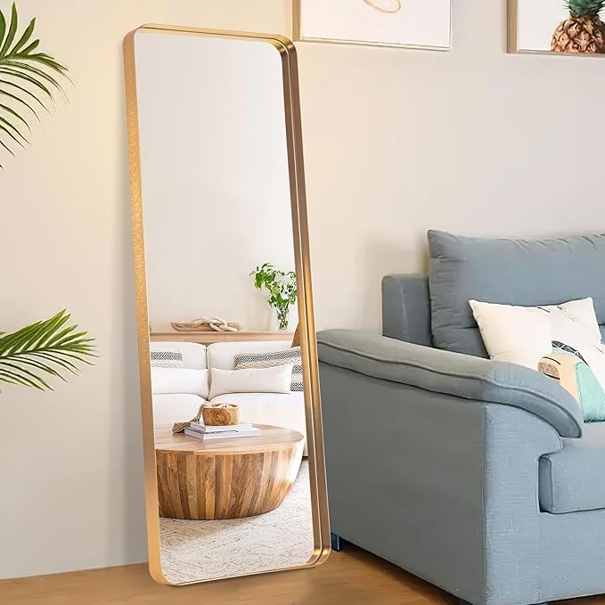 NeuType Full Length Mirror, 63"x20" Floor Mirror Full Body Dressing Mirror Round Corner, Hanging or Leaning Against Wall Large Rectangle Wall Mounted Deep Set Aluminum Alloy Frame for Bedroom, Gold