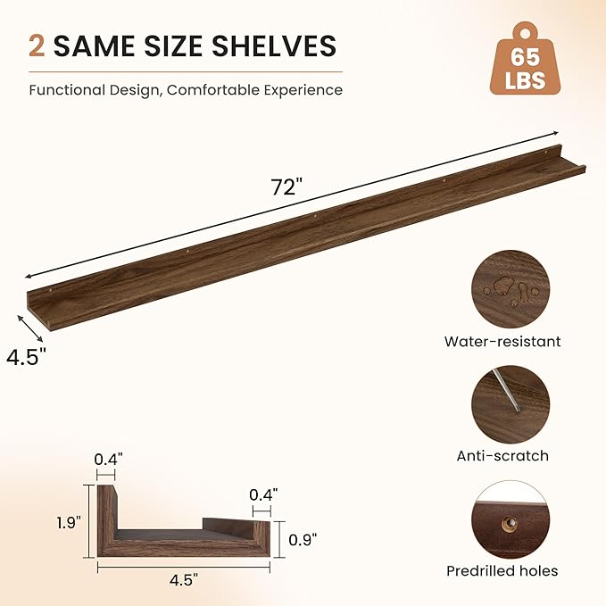 Dreamland Picture Ledge Shelf for Wall, Floating Shelves Set of 2,72 inch Long Floating Shelves with Lip for Living Room,Bedroom,Bathroom,Kitchen,Walnut