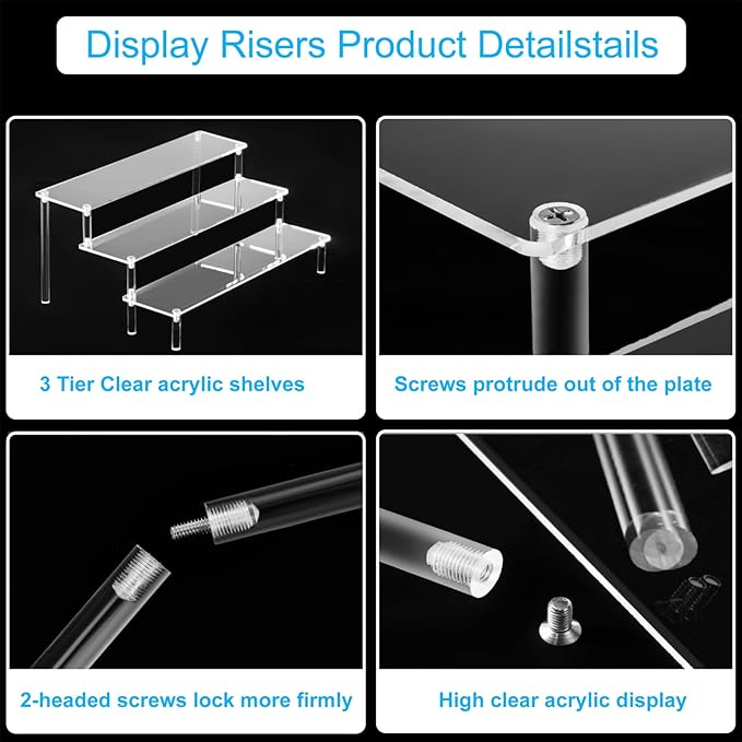HENABLE Large Acrylic Display Risers, Perfume Stand Organizer, Clear Acrylic Shelf Risers for Display Stands for Food, Tabletop Use, Amiibo Funko POP Figure, 3 Tier Clear Cupcake Stand Risers