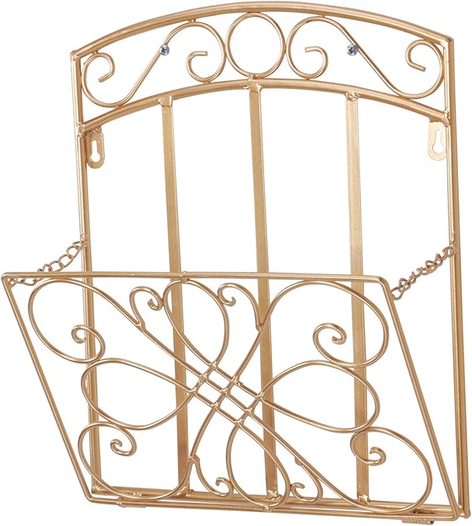 Wall Mount Magazine Holder Rack, Adjustable Hanging File Pocket Organizer with Scroll Work, Decorative Wall Storage Basket for Document, Book, Mail, Newspaper, Gold