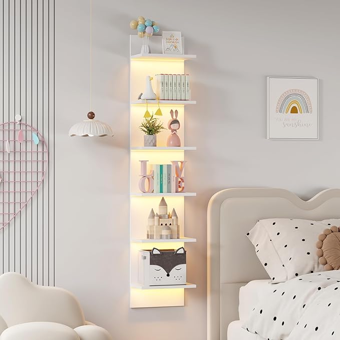 Qupui 6 Tier Wall Shelf Unit with LED Light, Floating Storage Home Decor Organizer Shelving for Bedroom Living Room, White
