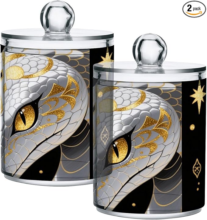 2 Pack Apothecary Jars Art White Snake Bathroom Vanity Storage Organizer Set,Small Clear Plastic Storage Jars Bathroom Canister for Cotton Swabs, Rounds, Balls, Qtips,Makeup Sponges, Flossers,B