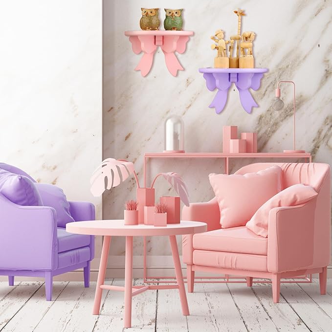 Pinkunn 2 Pcs Bow Floating Shelves Kawaii Shelf Book Stand Farmhouse Rustic Corner Wall Shelf Wooden Bow Tie Rack Princess Room Decor for Nursery Home Bedroom Office Wall Decor(Pink,Purple)