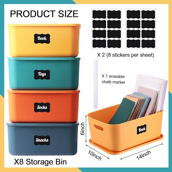 Tanlade 8 Pcs Plastic Storage Bins Stackable Baskets with Lid and Handle Colorful Desktop Storage Box Cubby Containers for Shelf Bedroom Office, Include 1 Erasable Marker, 16 Stickers (14 x 10 x 6 In)