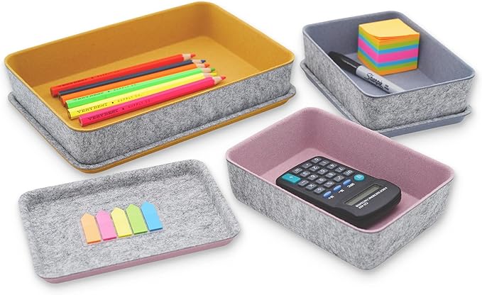 Welaxy Lidded Felt Drawer Organizer Bin with lids Desktop Stackable Organizer Storage box for crafts office supplies pen notes Junk Makeup Stationery Organize 3-Pack ( Curry+Dusty rose +Glacier gray)