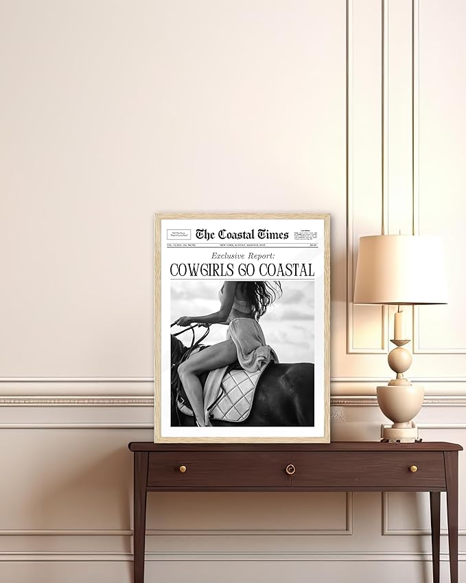iHery Unframed Trendy Coastal Cowgirl NewsPaper Wall Art Prints,12x16in Black Canvas Wall Art Prints,New York News,Girls Just Wanna Have Fun,Vintage Bar Car for Living Room Home Décor 1Pack