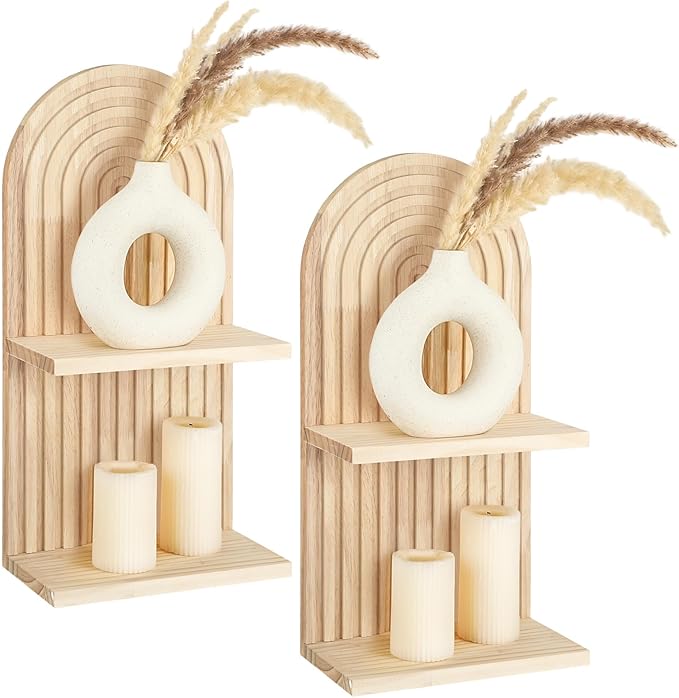 Geetery 2 Pcs Boho Wall Shelf Arch Wooden Floating Shelves Mid Century Rainbow Wall Shelf Hanging Holder Double Vintage Mount Altar Decor for Nursery Bedroom(2 Tier)