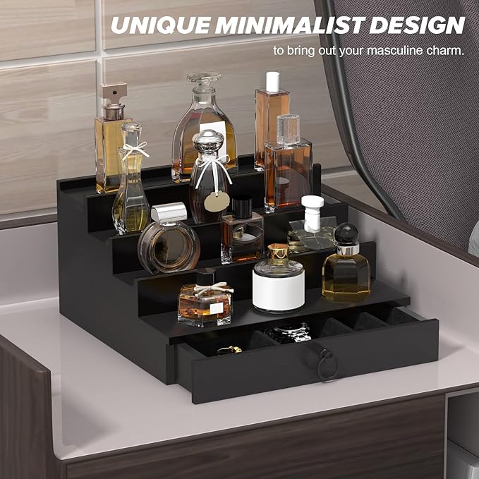 upcessory Cologne Organizer for Men, 4 Tier Perfume Stand, Cologne Shelf with Drawer and Hidden Compartment Perfume Display Holder, A Gift for Men