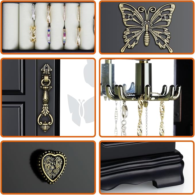 RR ROUND RICH DESIGN Solid Wooden Jewelry Box Makeup and Organizer Women Ring Storage with 4-Drawers Built-in Necklace Carousel and Mirror Black