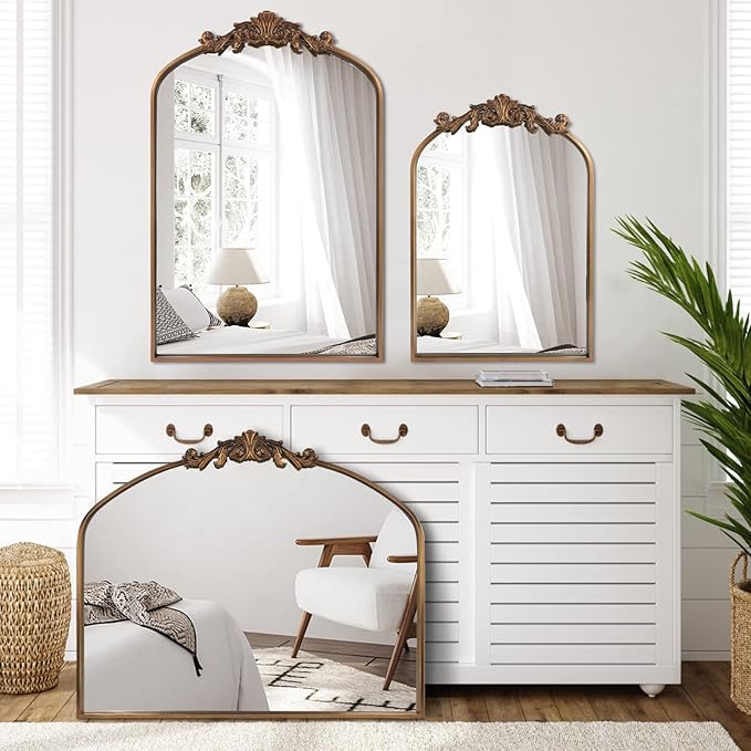 HQiJun Wall Mirror Window Decorative Traditional Vintage Ornate Baroque Mirrors Antique Arched Farmhouse for Living Room Bedroom Entryway Bathroom Vanity (27 * 19 * 1.2, Gold)