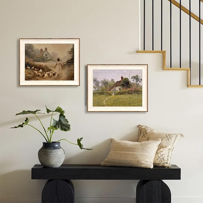 ASTRDECOR Framed Vintage Wall Art, Farmhouse Decor Girl Chicken Farm Canvas Painting Farmhouse Wall Decor, Vintage Rustic Artwork for Wall, Country Wall Decor for Kitchen Bedroom Living Room-12''x 16''