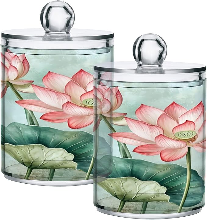Nander 4Pack Beautiful Watercolor Lotus Flower Qtip Holder Dispenser -Clear Plastic Apothecary Jars Set - Restroom Bathroom Makeup Organizers Containers for Cotton Swab, Ball, Pads, Floss