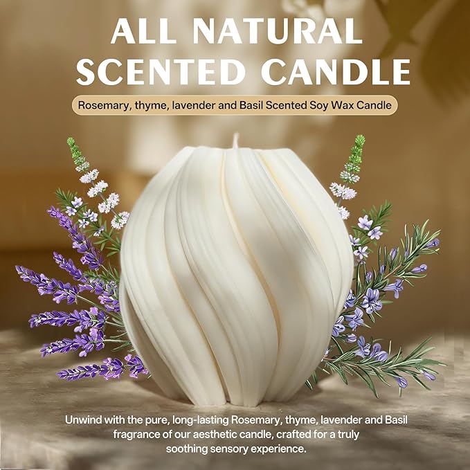 Spiral Swirl Candle Beautiful Handmade Pillar Scented Soy Decorative Candles Beautiful Bubble Aesthetic Candle Housewarming Gift Home Room Shelf Decor Idea (White Large)
