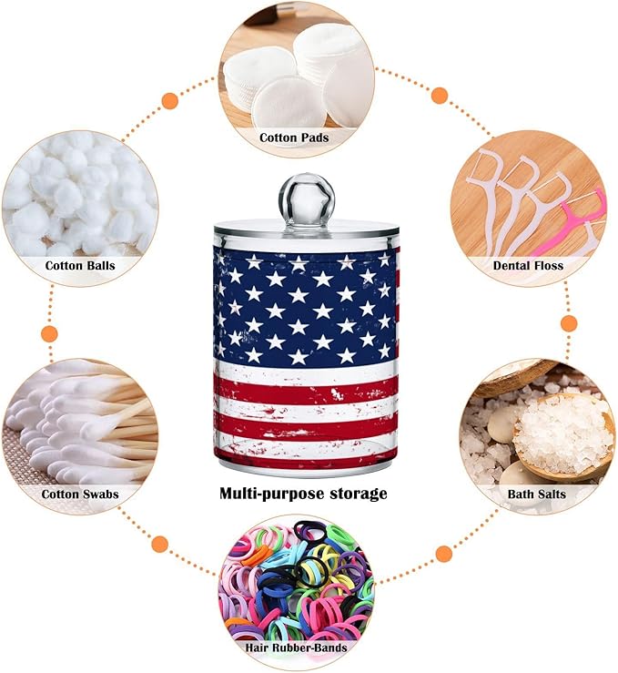Nander 4Pack Retro American Flag Qtip Holder Dispenser -Clear Plastic Apothecary Jars Set - Restroom Bathroom Makeup Organizers Containers for Cotton Swab, Ball, Pads, Floss