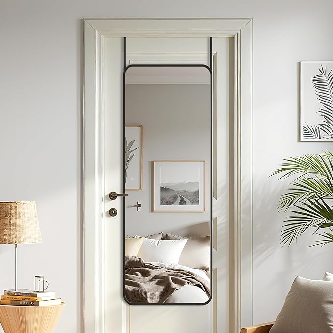Antok Over The Door Mirror Full Length, 49'' x 14''Wall Mounted Hanging Mirror, Aluminum Alloy Frame, Shatterproof Glass, No Drill Installation for Bedroom, Closet, Bathroom, Dorm, Round Corner,Black