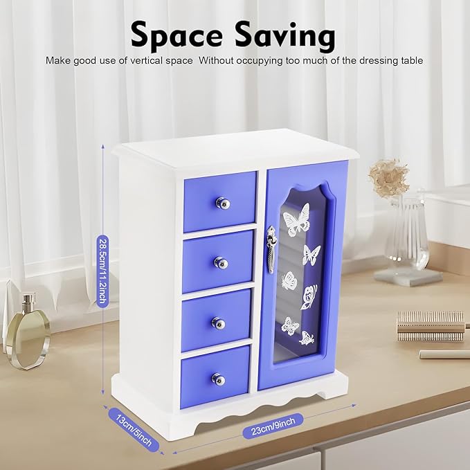 Wooden Jewelry Box, Solid Jewelry Organizer Makeup and Organizer Women Ring Storage with 4 Drawers, Wood Jewelry Case with Mirror for Necklaces Earring Rings, Purple