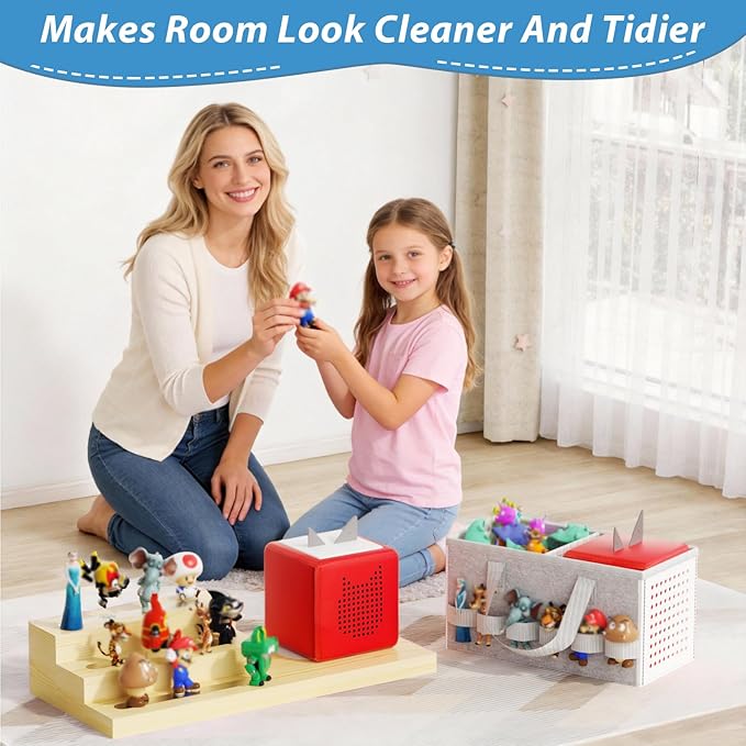 for Tonie Shelf Magnetic - Wooden Tonies Organizer with Carrying Bag, 3 Tiered Magnetic Display Shelf for Toniebox Holder, Wall Mount/Countertop Use Tonies Toy Storage for Kids Room/Playroom (Wood)
