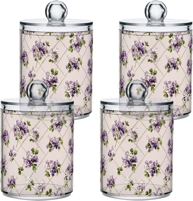 2 Pack Apothecary Jars Vintage Purple Clover Floral Art Bathroom Vanity Storage Organizer Set,Small Clear Plastic Storage Jars Bathroom Canister for Cotton Swabs, Rounds, Balls, Qtips,Makeup Sp