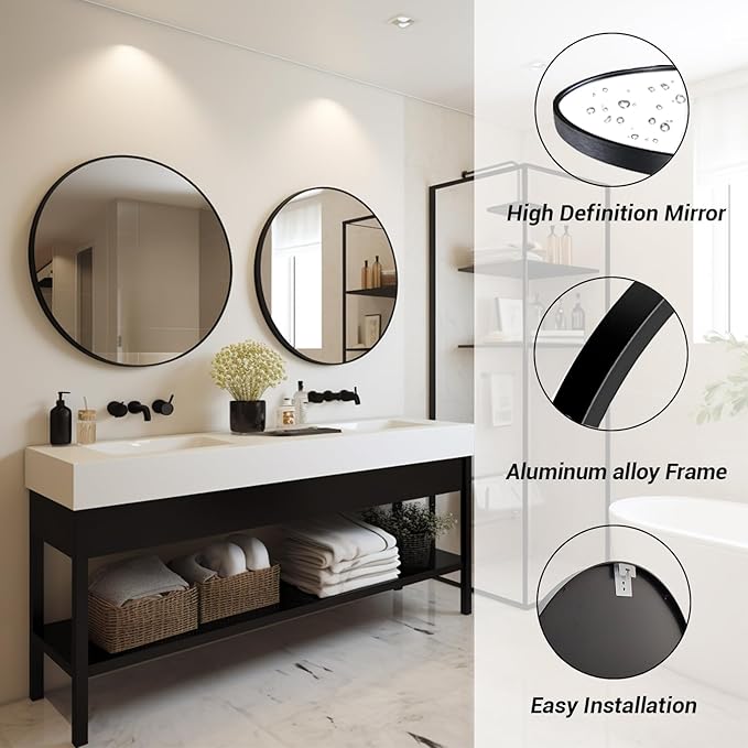 Sunniry Round Mirror 30 inch, Large Round Mirror, Black Circle Mirrors Aluminum Frame, Circle Mirrors for Wall, Bathroom, Living Room, Hallway.