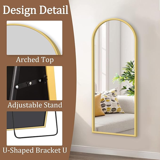 GlasFlength 56" x 18" Full Length Mirror with Stand, Arched Aluminum Alloy Frame, Versatile Standing, Hanging, or Leaning Wall/Floor Mirror for Bedroom, Living Room, or Entryway, Gold