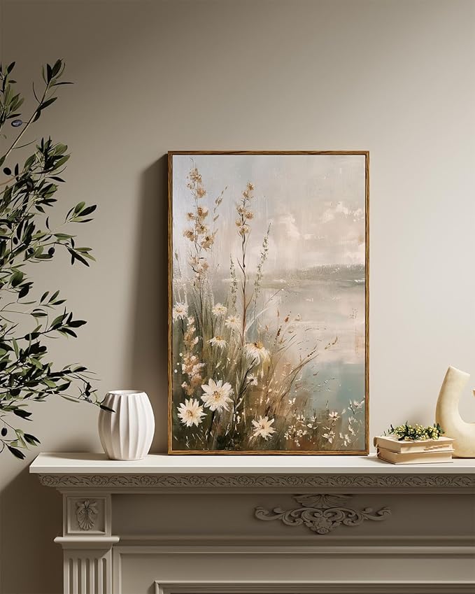 InSimSea Framed Canvas Wall Art Vintage Decor, Wildflowers Landscape Pictures Bathroom Wall Decor Aesthetic, Living Room Bedroom Flower Nature Home Decorations, 16x24inch