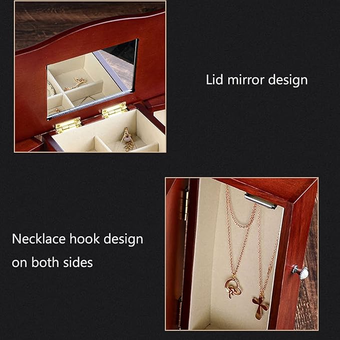 Jewelry Storage Box Makeup Organizers Wooden Jewelry Box for Women with Tower Style 4 Drawers Organizer and 2 Separated Open Doors