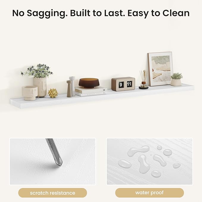 Fun Memories Rustic Floating Wall Shelves, Wall Mounted Wood Storage & Display Shelves for Bathroom, Bedroom, Living Room or Kitchen, (Set of 2, White, 66 in)