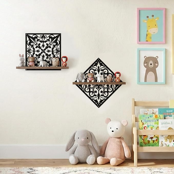2PCS Metal Carved Window Wall Decor with Wooden Shelf, Black Floating Shelves for Bathroom Wall, Kitchen Wall Decorative Shelves, Creative Shelf for Bathroom Accessories Organizers and Storage