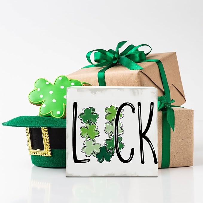 St. Patrick's Day Decorations, Irish Luck Shamrock Wooden Box Sign Desk Decor, Lucky Sign for St Patrick's Day Home Party Decor 5x5