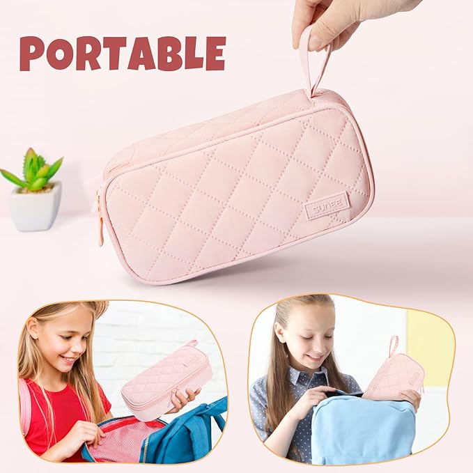 SUNEE Cute Pencil Case, Large Capacity Pencil Pouch Aesthetic Zipper Pencil Bag, Big Storage Pen Organizer for Stationery, Soft Quilted Pencil Box Back to School Supplies for Teen Girls Boys,Soft Pink