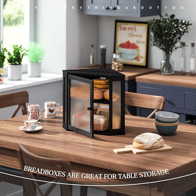 STDDRE Corner Bread Box Kitchen Countertop Extra Large Capacity Farmhouse Bread Box, Corner Countertop Storage, Double Layer Bread Holder (Black, Large)