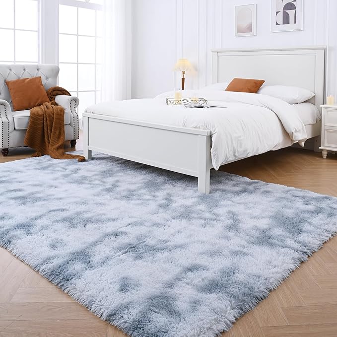 Shag Rugs 8x10 Living Room: Shag Area Rug for Bedroom - Gray Large Fluffy Soft Carpet (Tie-Dyed Light Gray, 8x10 Feet)