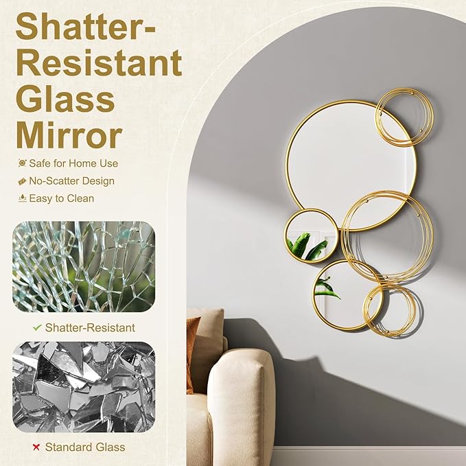 Wall Mirror Decor 35'' x 21'' Round Modern Mirror Art Metal Wall Mirrors Set for Living Room Circle Plates Overlapping Decorations for Hallway Entryway