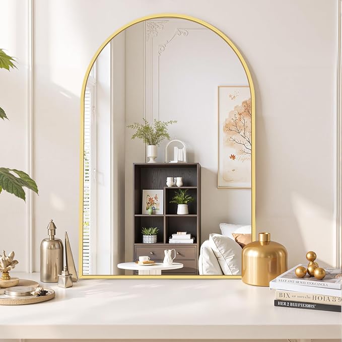 Arched Wall Mirror 38x26 Inch Gold Bathroom Vanity Mirror with Metal Frame, Modern Arch Mirror for Bedroom, Living Room, Entryway, Wall Mounted Decorative Mirror