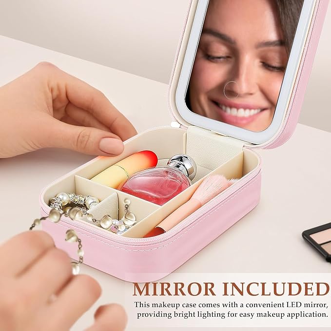 Adjustable Brightness Travel Makeup Case with LED Lighted Mirror Compact Small Organizer Bag with Divided Storage for Makeup and Jewelry Portable Rechargeable Vanity Box for Women