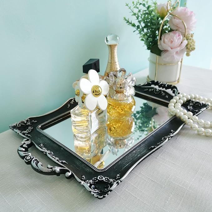 Rectangle Decorative Mirror Tray, French Style, Makeup Organizer, Jewelry Organizer, Serving Tray, 9.5"x 14.9", Silver Black