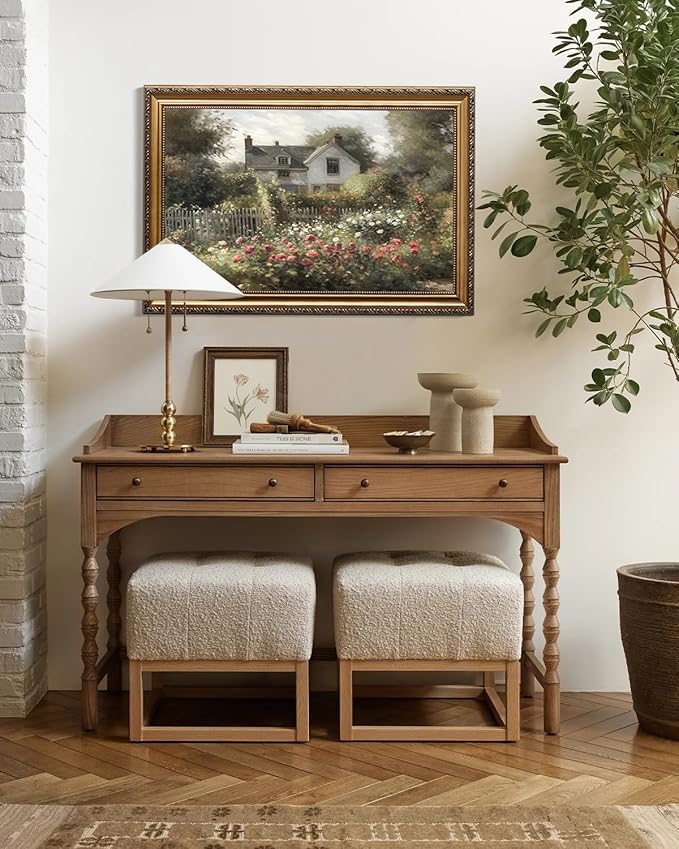 KBKBART Gold Framed Vintage Wall Art, Vintage Wildflower Countryside Canvas Oil Painting Wall Art, Rustic Antique Landscape Spring Decor Bathroom Decor for Bedroom Living Room, Gifts for Friends or Family(16"x24")