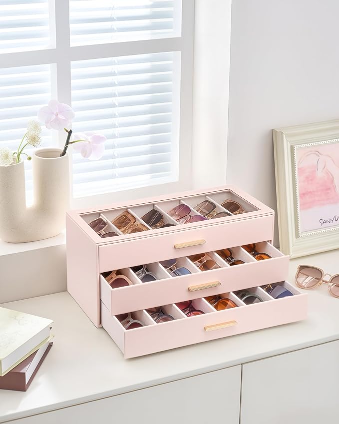 Lolalet Sunglasses Storage Box for Women, Eyewear Eye Glass Organizer with Clear Top Display Holder Case, Mothers Day Gifts