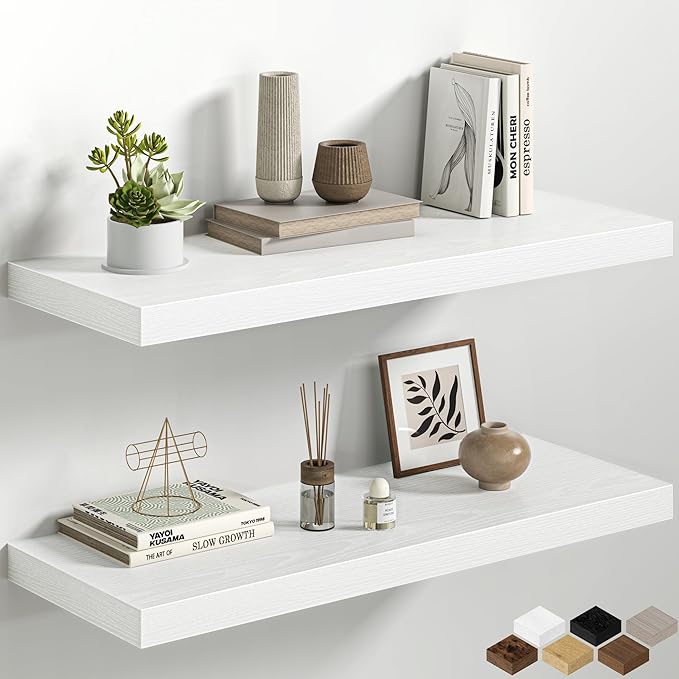 12 Inch Deep Floating Shelves, 32W x 12D Floating Shelf for Books, Rustic Wood Deep Wall Shelves for Home Storage & Display, 1.5" Thicked Shelves for Kitchen, Living Room, Bedroom, White, 2 Pack