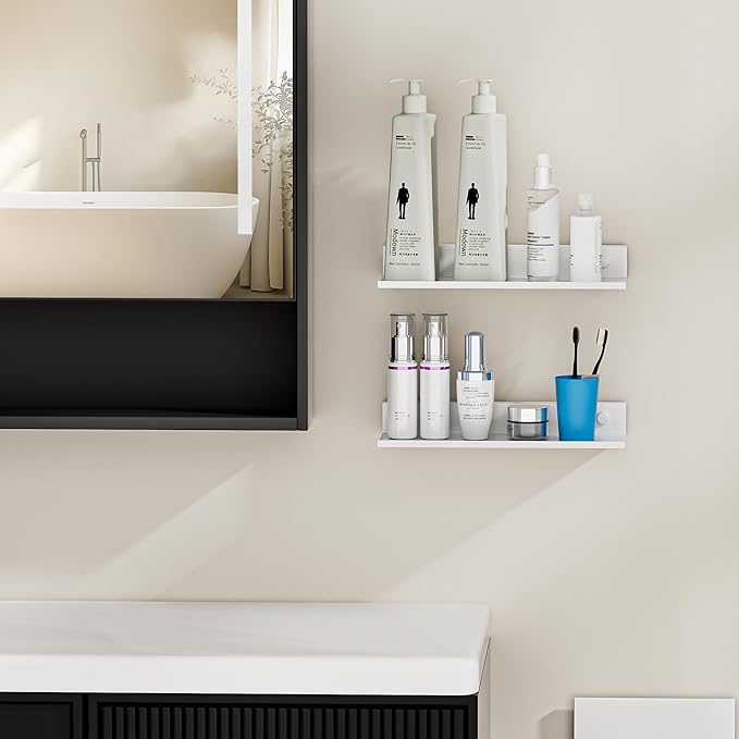 Wisfame Adhesive Wall Shelf 2 Pack, Modern Floating Shelves for Wall 11.8Inch, Metal Wall Mounted Display Ledge Shelf for Living Room, Bedroom, Bathroom