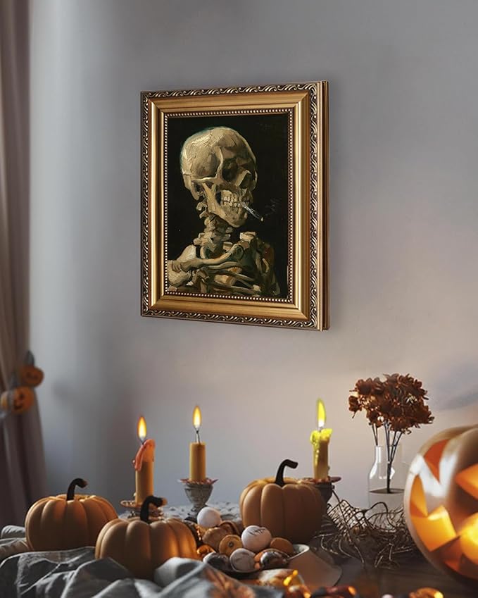 KBKBART Gold Framed Canvas Wall Art Skull of a Skeleton with Burning Cigarette Van Gogh Art Print, Dark Academia Wall Decor Gothic Wall Art for Halloween, Living Room, Bedroom, Office, Bathroom, Gothic - 9"x12"