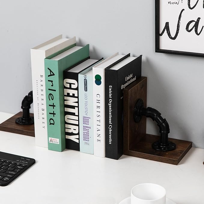 Rustic Decorative Wooden Tabletop Farmhouse Bookends for Heavy Books with Modern Industrial-Style Pipe Office Desktop Bookshelf Organizers Stoppers Holder Nonskid Shelf Decor 1-Pair (Dark Brown)