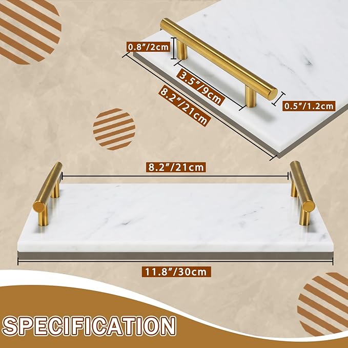 MAOPINER Marble Stone Decorative Perfume Tray with Copper Color Metal Handles, Handmade Jewellery Catchall Trinket Tray for Counter, Vanity, Dresser, Nightstand and Desk (White)