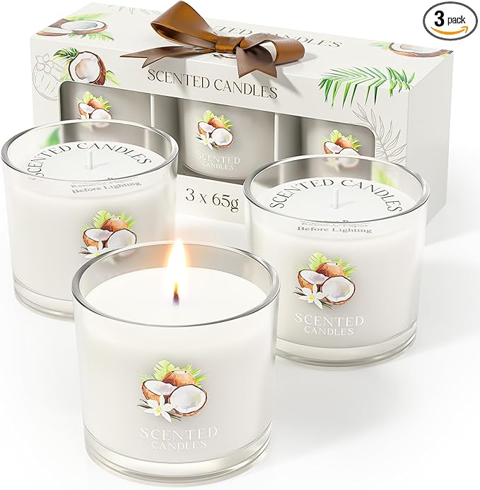 CHILLFLAME Coconut Candle, Scented Candles Gifts for Women, Candles Gift Set for Her, 3 Scented Votive Candles, Birthday Gifts for Women/Men (White, 7 oz)