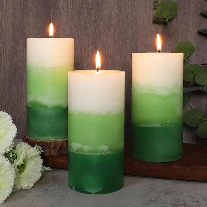 Pillar Candles 3x6 Inch Eucalyptus Scented Hand-Poured 3-Layers Green Gradient Decorative Candle Long Burning Candle for Home Scented Relaxation Spa Holiday Dinner Table, Set of 3