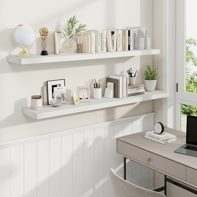 Fun Memories 55 Inch Fireplace Mantel Shelf, 9.3" Deep Floating Shelves for Wall, Long Wall Mounted Farmhouse Display Shelves with Invisible Heavy Duty Metal Bracket, White, 2 Pack